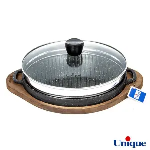 تابه گریل چدنی یونیک درب دار با زیره چوبی UN-6001