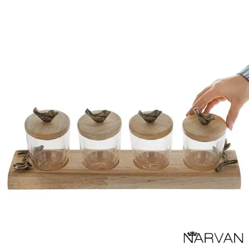 ست ادویه چوبی چهارخانه گل دار نارون R2714