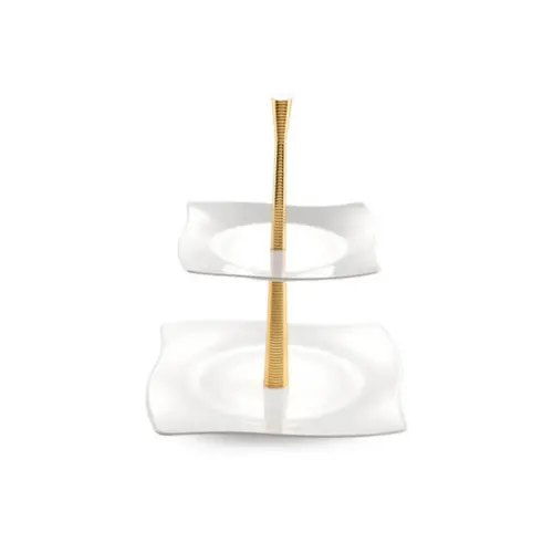 ظرف پذیرایی دو طبقه سفید با پایه طلایی شیاردار