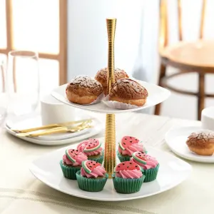 چینی زرین ظرف دو طبقه سفید با پایه استیل طلایی شیاردار