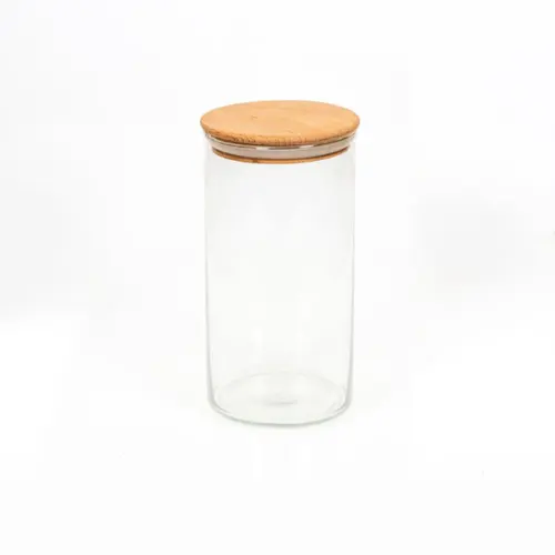 بانکه ادویه شیشه ای با درب چوبی تیریتی قطر 10 ارتفاع 20 مدل G 5012