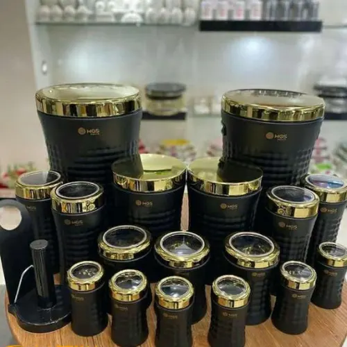 سرویس آشپزخانه مشکی سنباده ای درب طلايی 18 پارچه کريستالی ام جی اس MGS