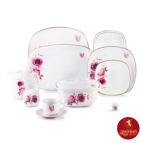 چینی زرین با کیفیت سرویس 12 نفره کواترو طرح رزفلاور