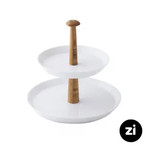 خرید ظرف پذیرایی دو طبقه چینی زرین (Zi) سفید با پایه چوبی