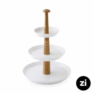 خرید ظرف پذیرایی سه طبقه چینی زرین (Zi) سفید با پایه چوبی