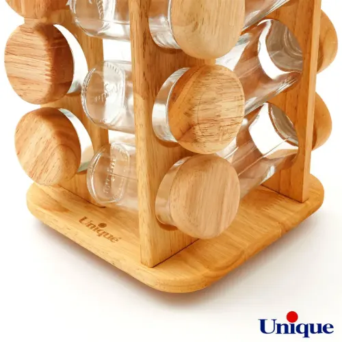 ست جا ادویه ای گردان مربع چوبی یونیک 16 تایی UN-6112