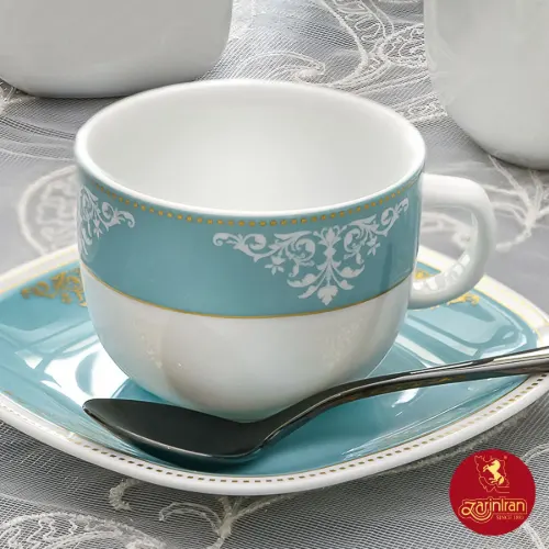 خرید چینی زرین سرویس 12 پارچه چای خوری کواترو طرح آرمیتاژ فیروزه ای