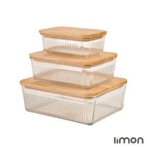 ست ظرف شیشه ای مستطیل درب چوبی شیاردار  لیمون