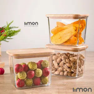 ظرف شیشه ای 920 میلی لیتر درب چوبی لیمون کد 2188