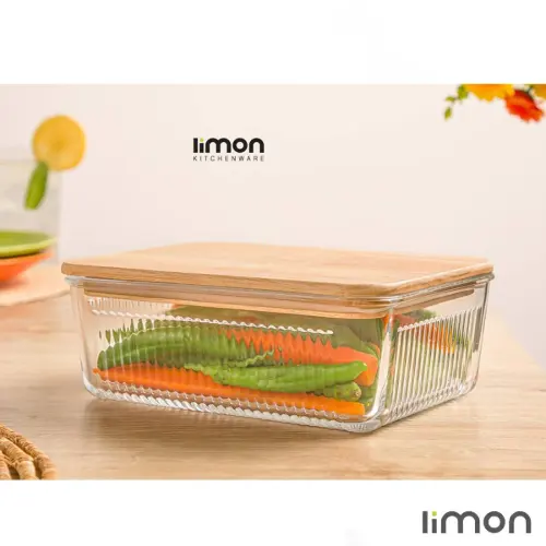 ظرف شیشه ای شیاردار 1.1 لیتر درب چوبی لیمون 2191