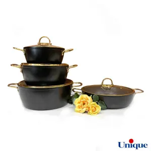 سرویس قابلمه یونیک مشکی 8 پارچه درب منحنی طلایی UN-8305