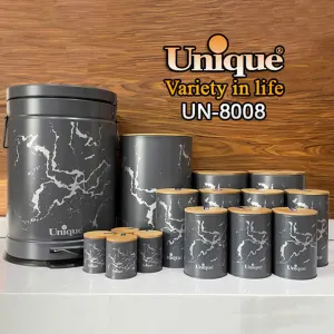 سرویس آشپزخانه یونیک 15 پارچه فانتزی طوسی ماربل درب بامبو UN-8008