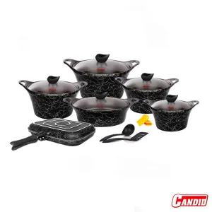 سرویس قابلمه 15 پارچه گرانیتی کاندید مدل کاپری مشکی لاین نقره ای