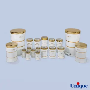 سرویس آشپزخانه 18 پارچه یونیک کمرباریک خطی سفید طلایی UN-4597