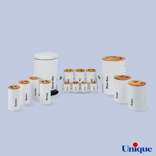 سرویس آشپزخانه یونیک 16 پارچه سفید سنباده ای درب چوبی UN-8003