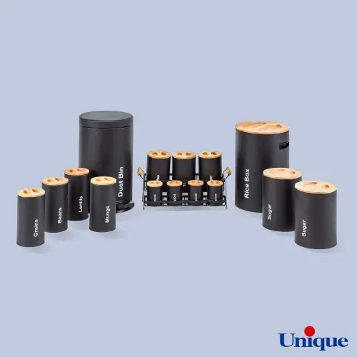 سرویس آشپزخانه یونیک 16 پارچه مشکی سنباده ای درب چوبی UN-8005