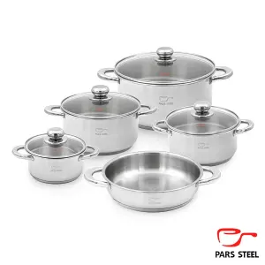 سرویس قابلمه 9 پارچه با دسته استیل (کف سه لایه) پارس استیل