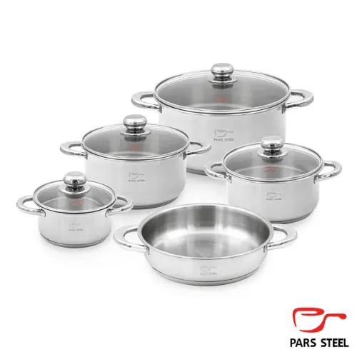 سرویس قابلمه 9 پارچه با دسته استیل (کف سه لایه) پارس استیل