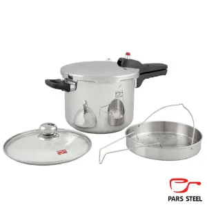 ديگ زودپز استیل کف سه لایه پارس ۶ ليتری با در پيركس و سبد بخارپز