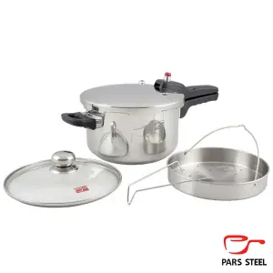  زودپز تک دسته پارس استیل کف سه لایه ۴/۵ ليتری با در پیرکس و سبد بخار پز