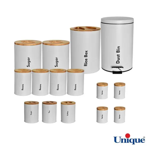 سرویس آشپزخانه یونیک 16 پارچه UN-8058 طوسی روشن با درب بامبو